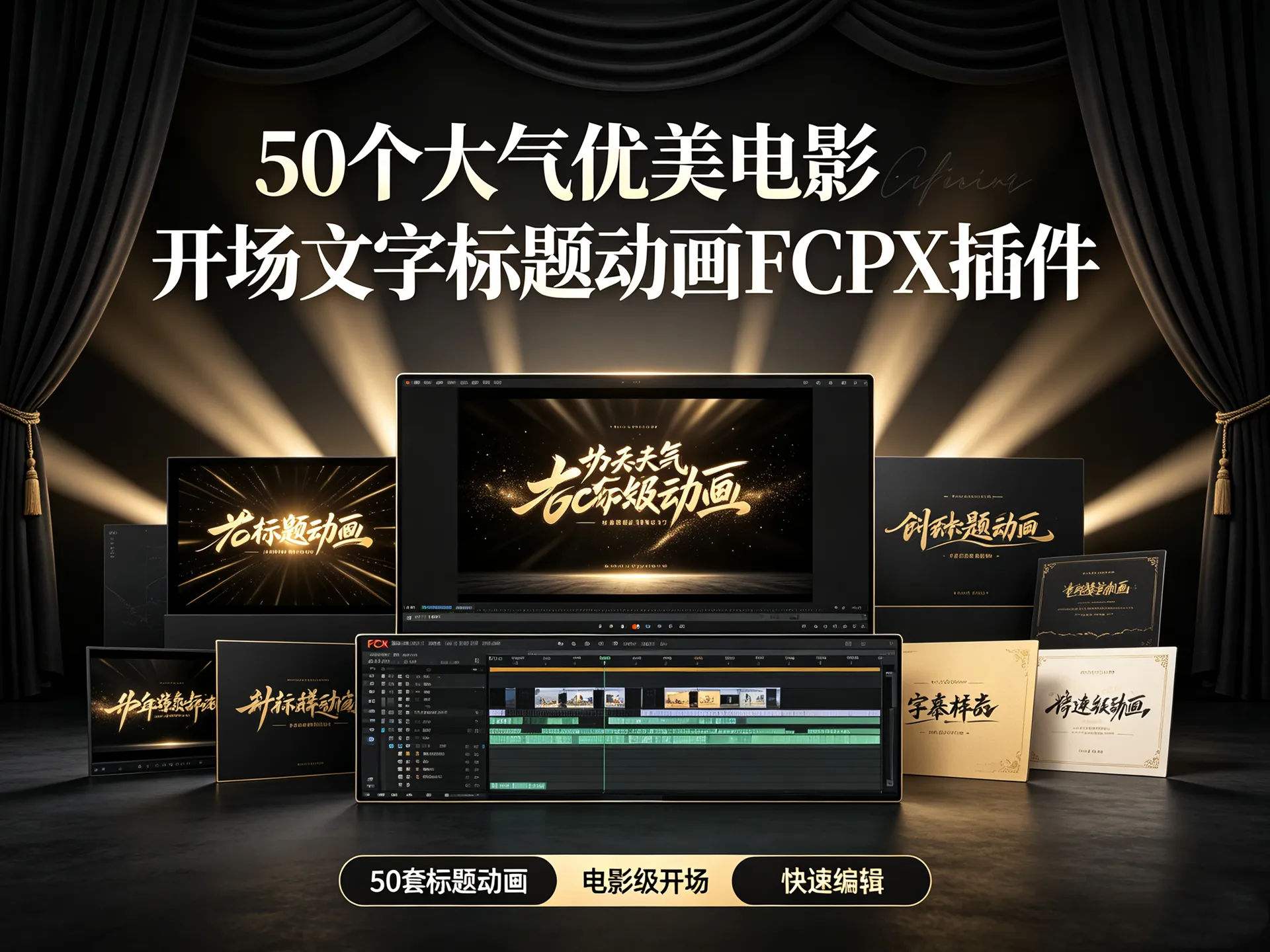 50个大气优美电影开场文字标题动画FCPX插件